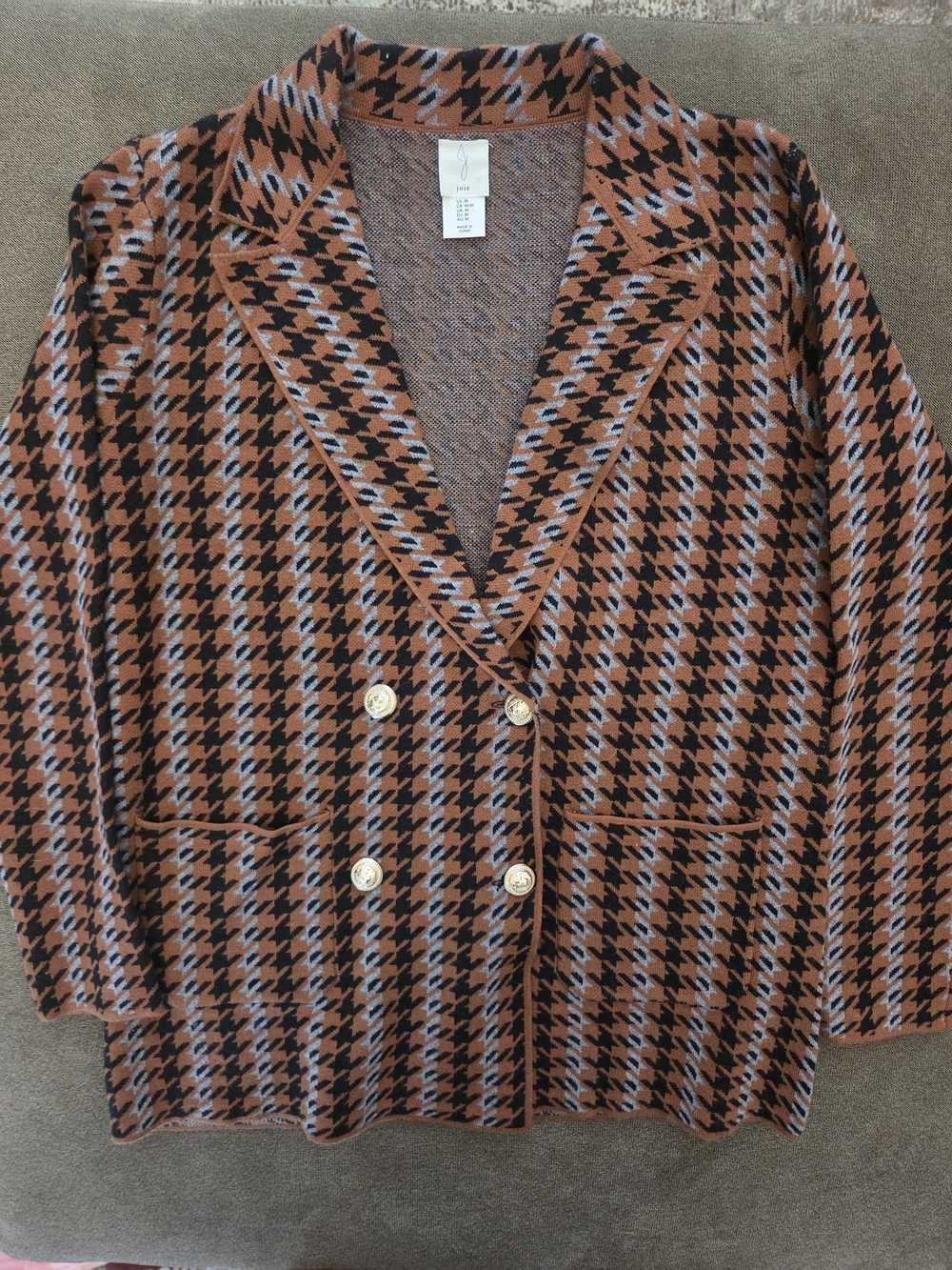 Women’s Double-Breasted Houndstooth Jacket - Rust/Black/Grey - Medium